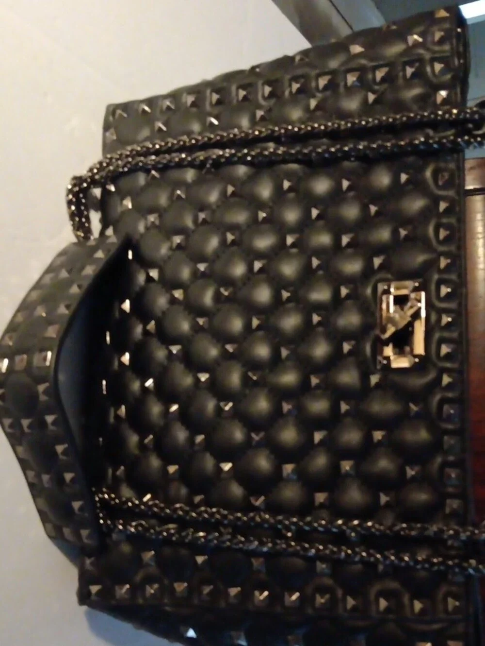 Black Quilted Tote with Pewter Pyramid Studs and Chain Straps By Inzi